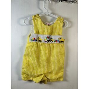 Angeline Kids Romper Baby Boy 12M Yellow Gingham Seersucker Smocked Construction